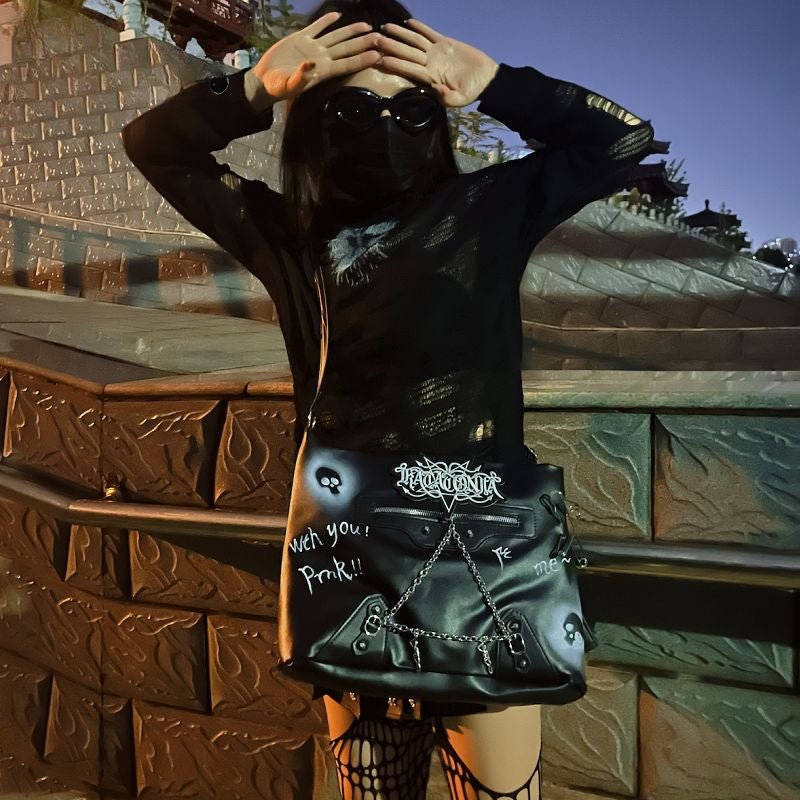 Y2K Harajuku Gothic Skeleton Chain Leather Crossbody Bag - Fashionpara