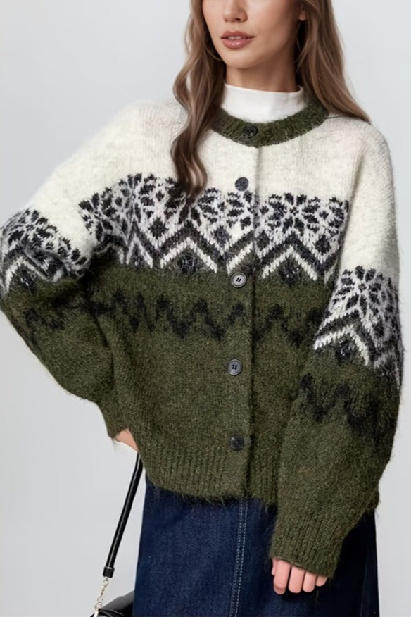 Snowflake Jacquard Knit Cardigan for Cozy Winter Style