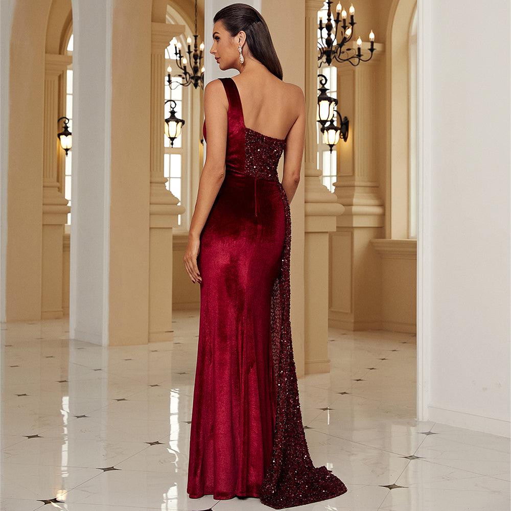 Velvet Sequins Front Split Dress - Fashionpara