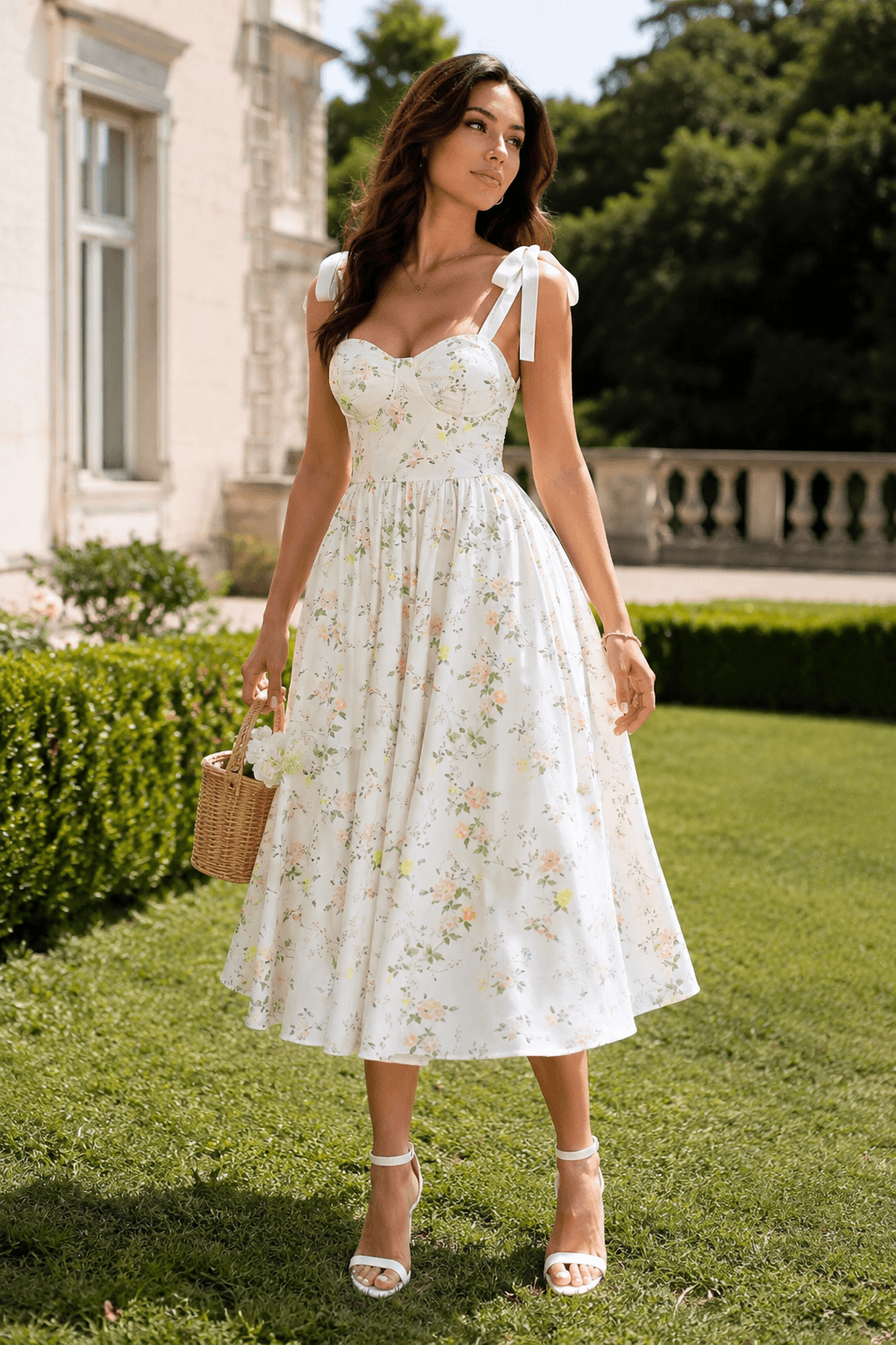 Floral Sweetheart Tie Strap Corset Midi Dress