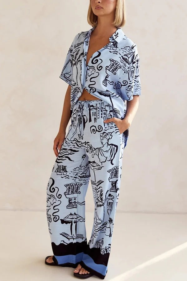 Fashionable Plant Print Loose Lapel Short Sleeve Shirt and Casual Elastic Waist Pocket Pants Set - Fashionpara