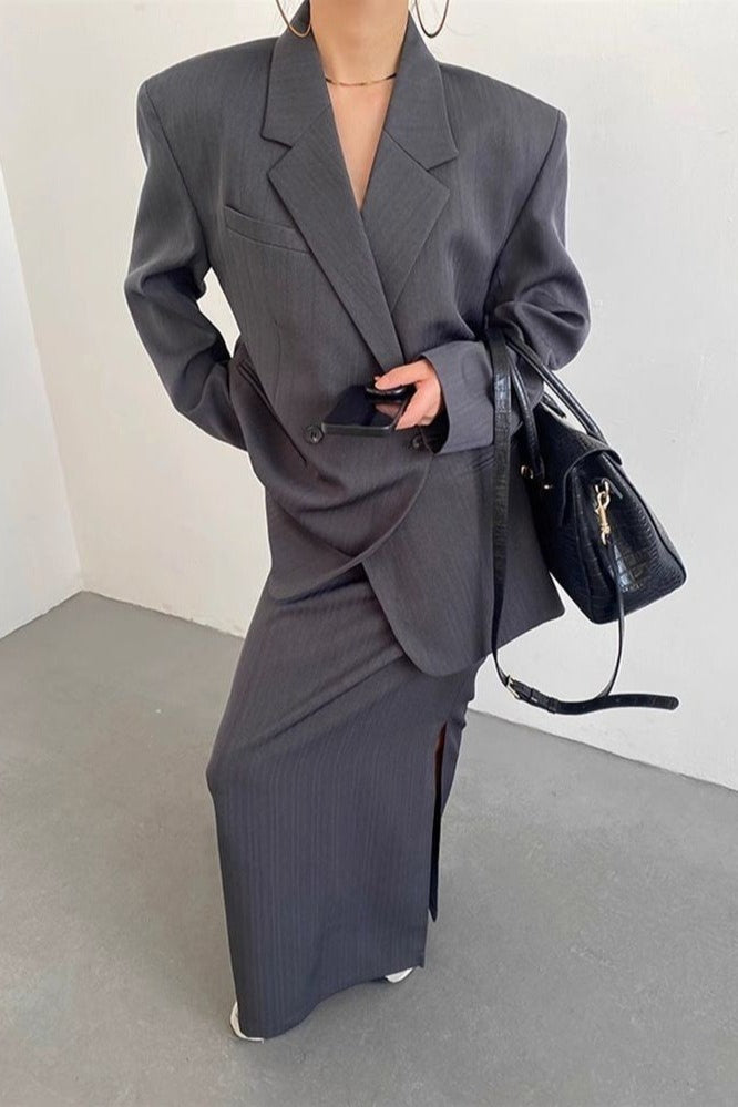 Lapel Collar High-Slit Long Sleeve Midi Dress