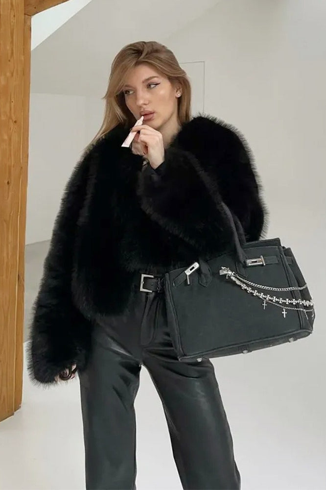 Textured Faux Fur Wide Sleeve Coat - Fashionpara