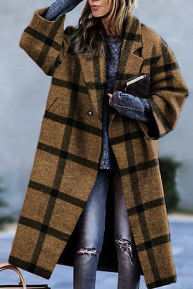 Long-sleeved Lapel Print Calf-length Loose Fit Overcoat with Pockets