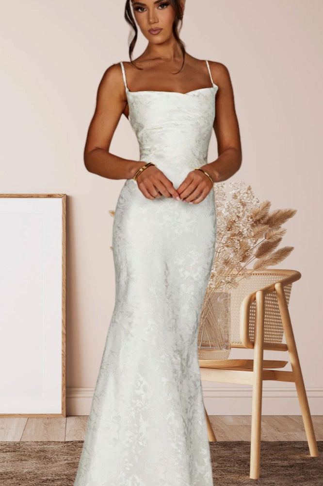 Jacquard Square Neck Tie Strap Mermaid Maxi Dress