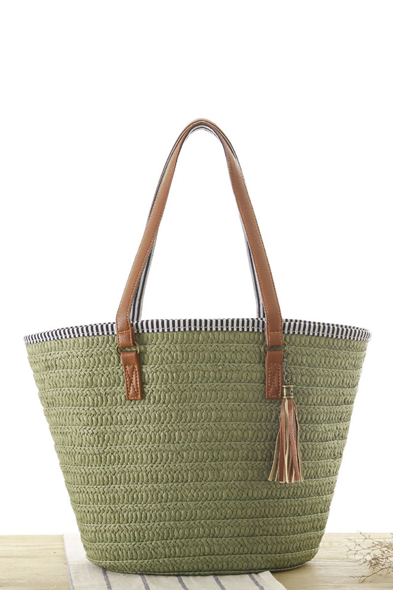 Trendy Leather Straps Woven Straw Beach Shoulder Bag - Fashionpara