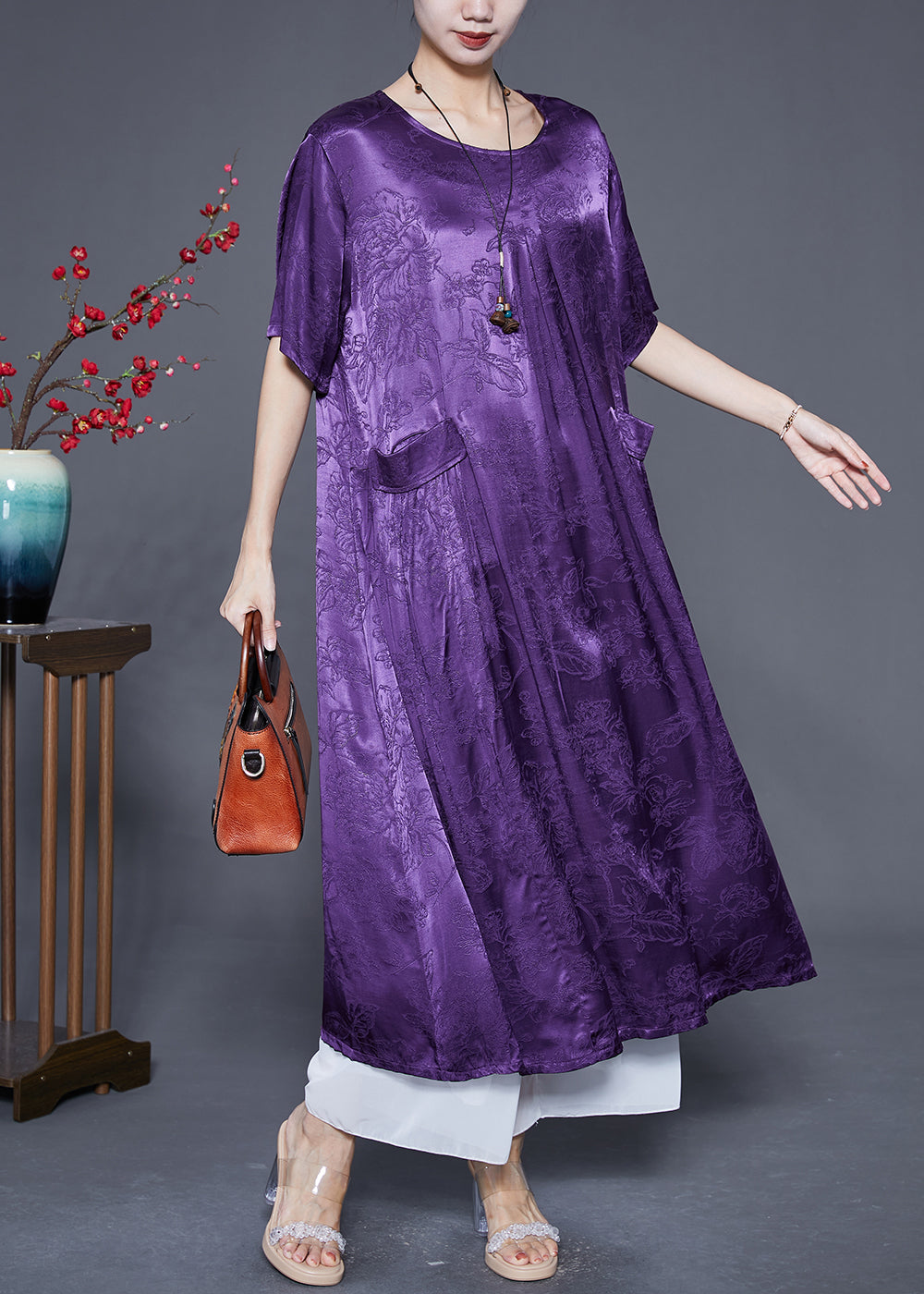 Jacquard Floral Patch Pocket Short Sleeve Round Neck Maxi Dress - View 3