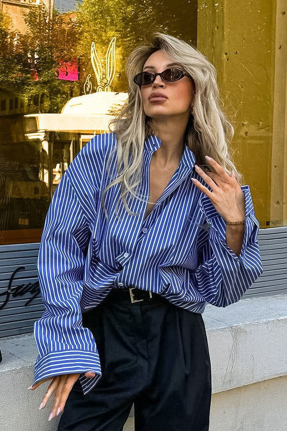 Striped Loose Button Up Blouse - Fashionpara