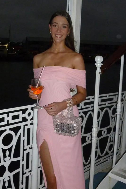Off-Shoulder Ruffle Mesh Split Maxi Party Dress