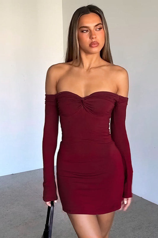 Off Shoulder Sweetheart Long Sleeve Bodycon Mini Cocktail Dress