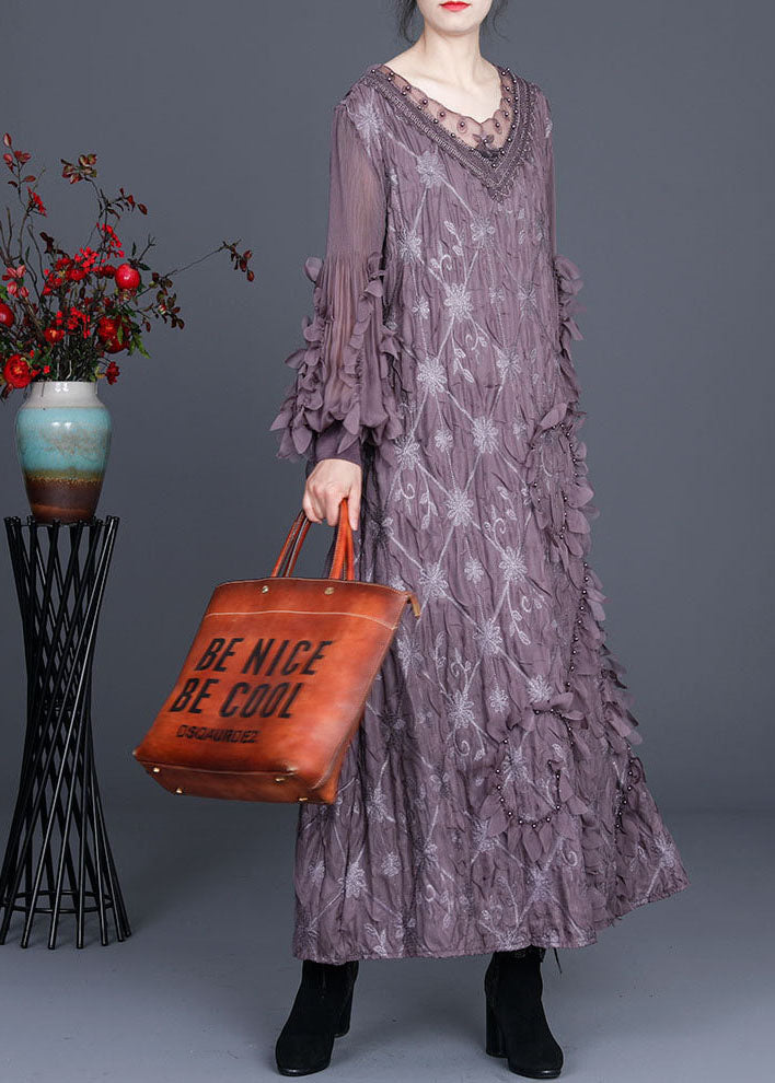 Embroidered Lace Trim V-Neck Leaf Appliqué Long Sleeve Maxi Dress