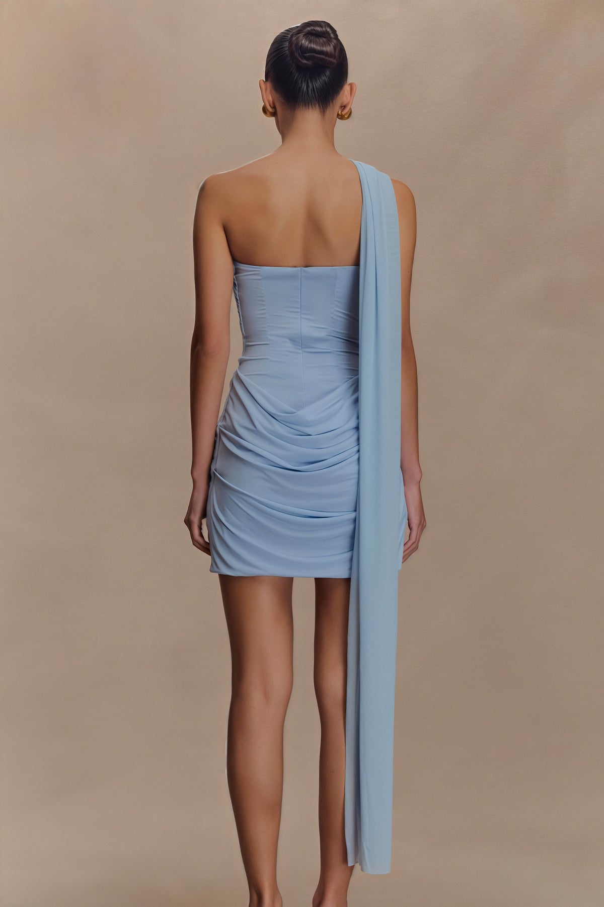 One Shoulder Draped Sash Ruched Bodycon Mini Dress