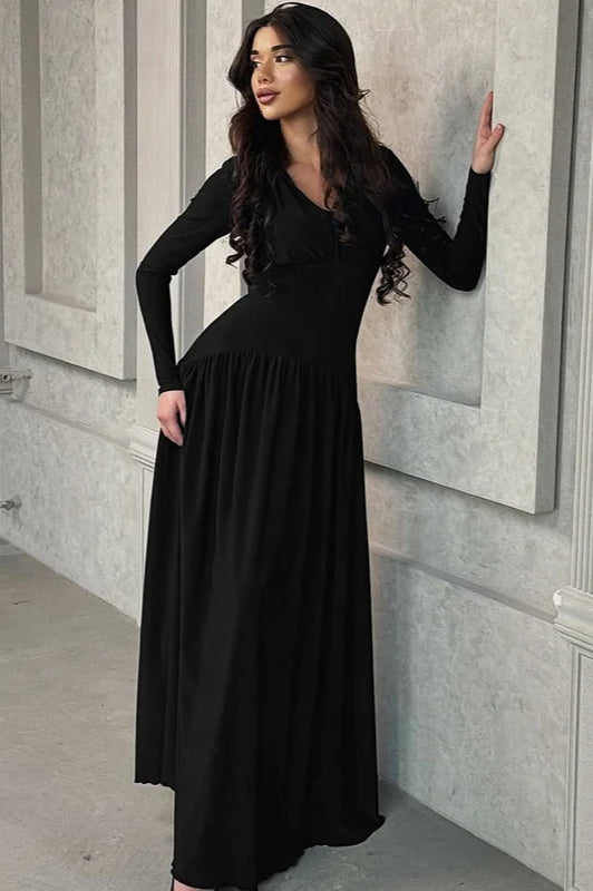 V-Neck Long Sleeve Empire Waist Maxi Dress