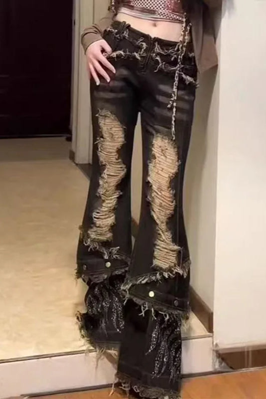 Retro Spice Girl Washed Ripped Flared Jeans