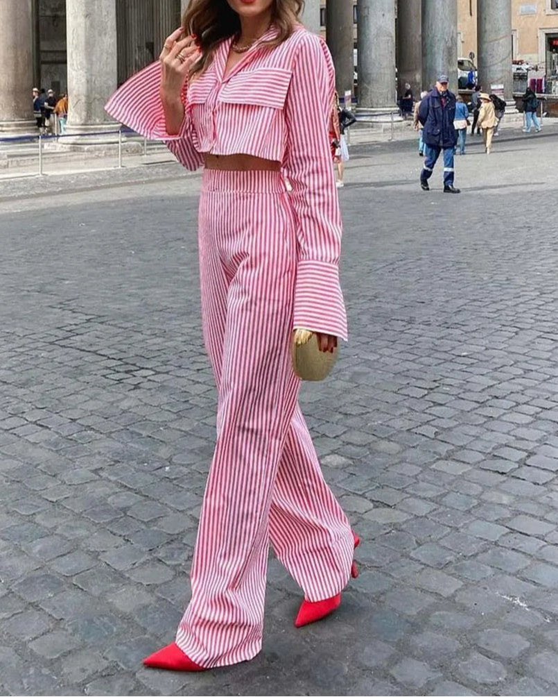 Red Print Pockets Crop Trousers Office Two Piece Set