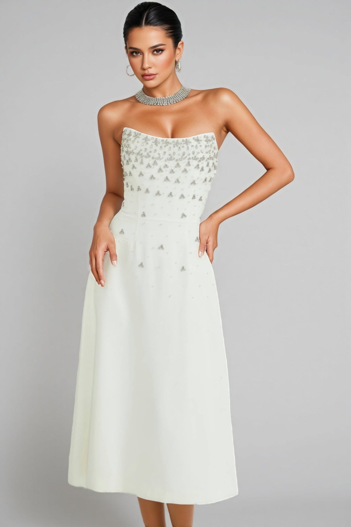 Strapless Beaded Fan Bodice A-Line Midi Dress - View 3