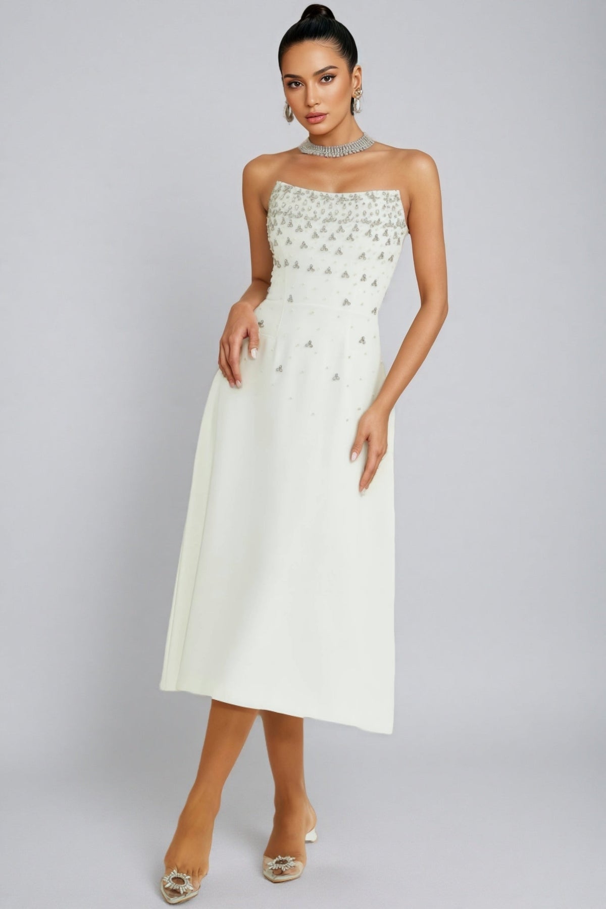 Strapless Beaded Fan Bodice A-Line Midi Dress