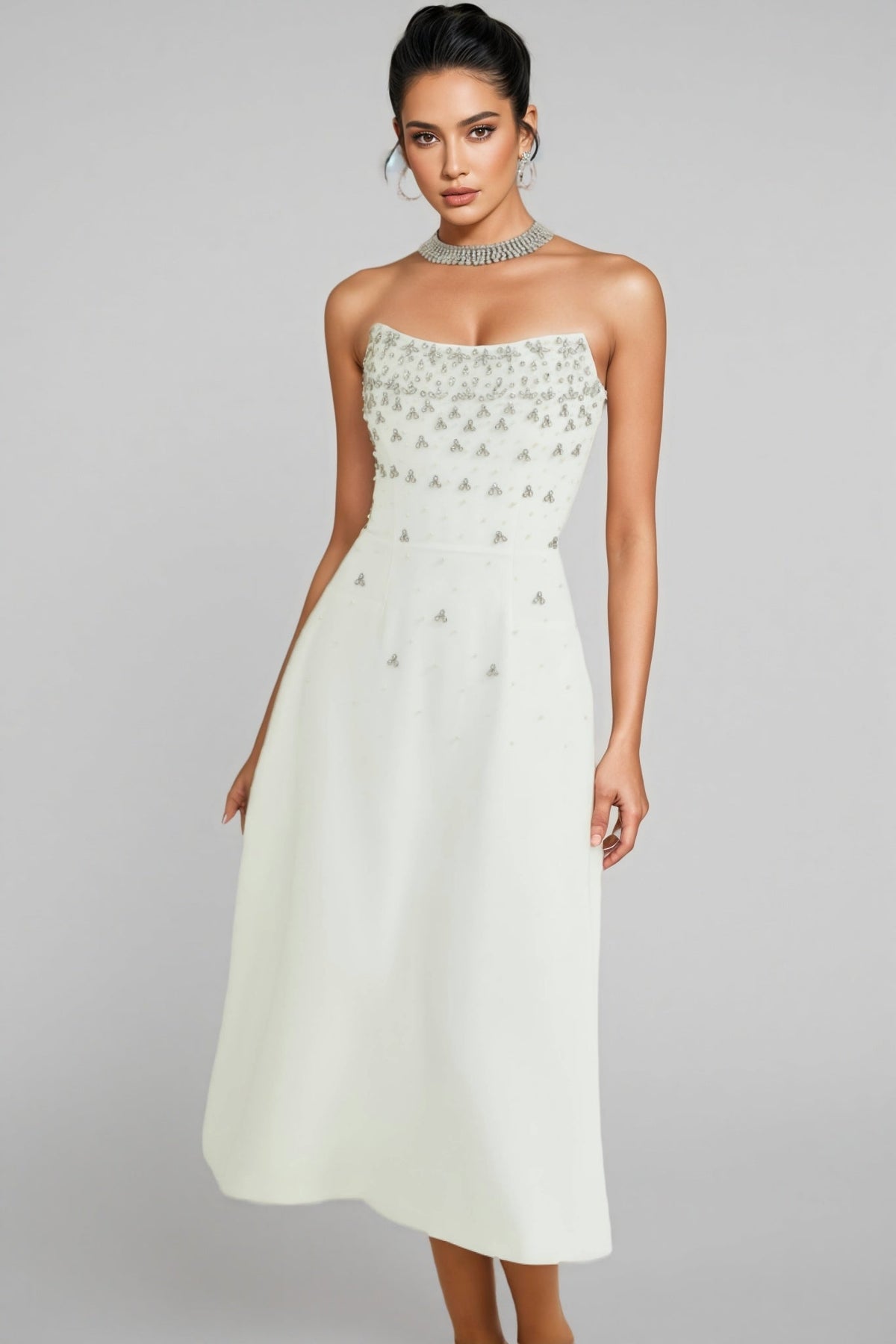 Strapless Beaded Fan Bodice A-Line Midi Dress - View 2