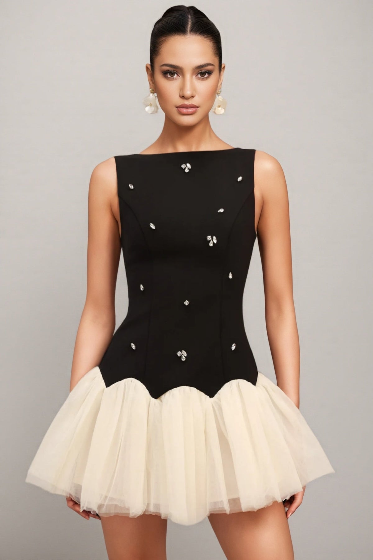 Rhinestone Boat Neck Scalloped Drop Waist Tulle Mini Dress - View 2