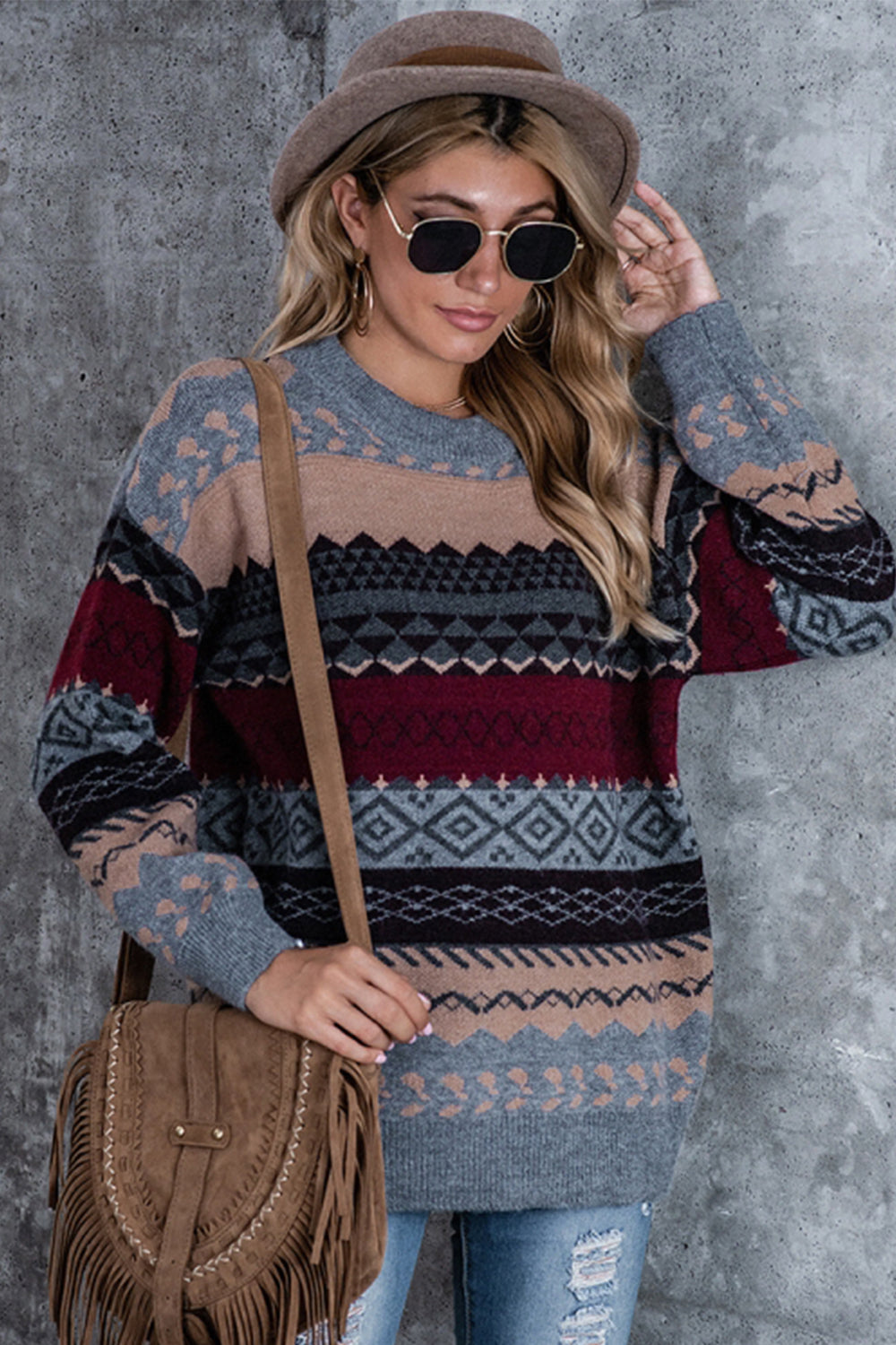 RadyRin Rhombus Print Long Sleeve Sweater for Effortless Style