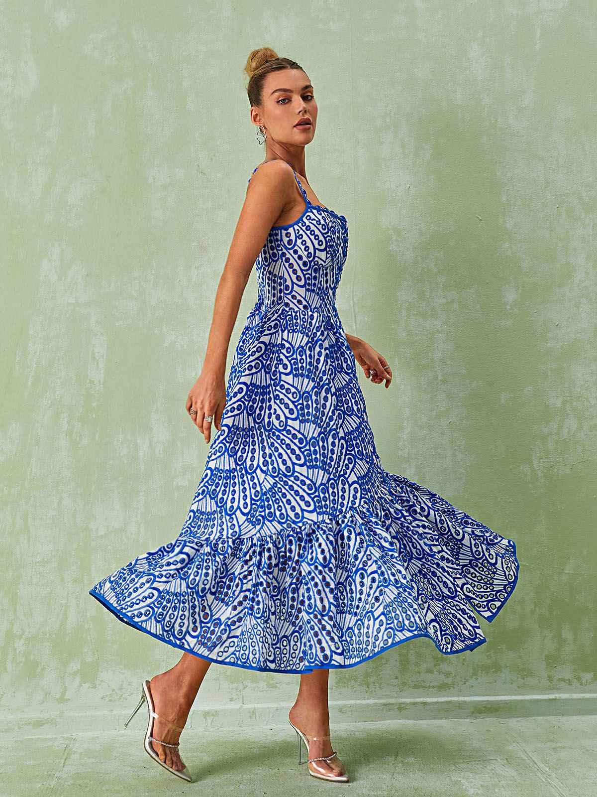 Paisley-Print Square-Neck Tiered Slit Midi Dress 2