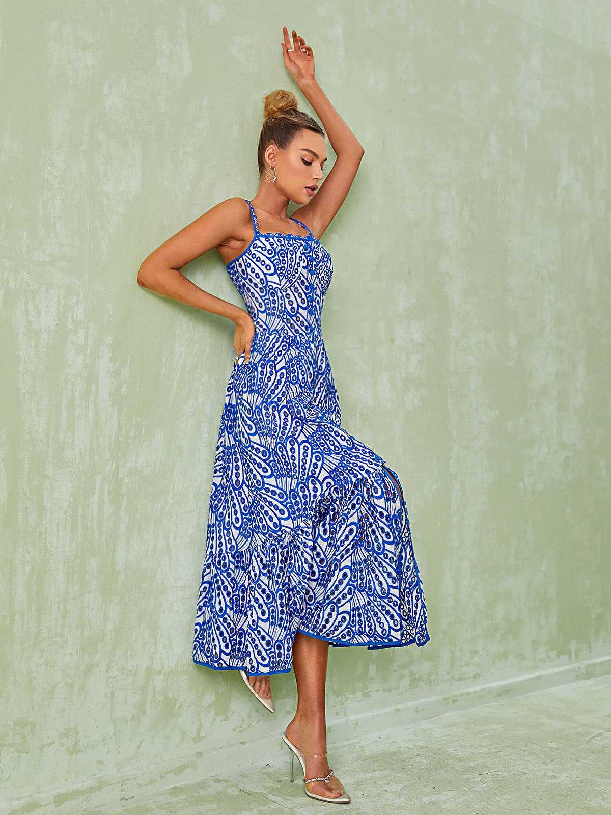 Paisley-Print Square-Neck Tiered Slit Midi Dress 3