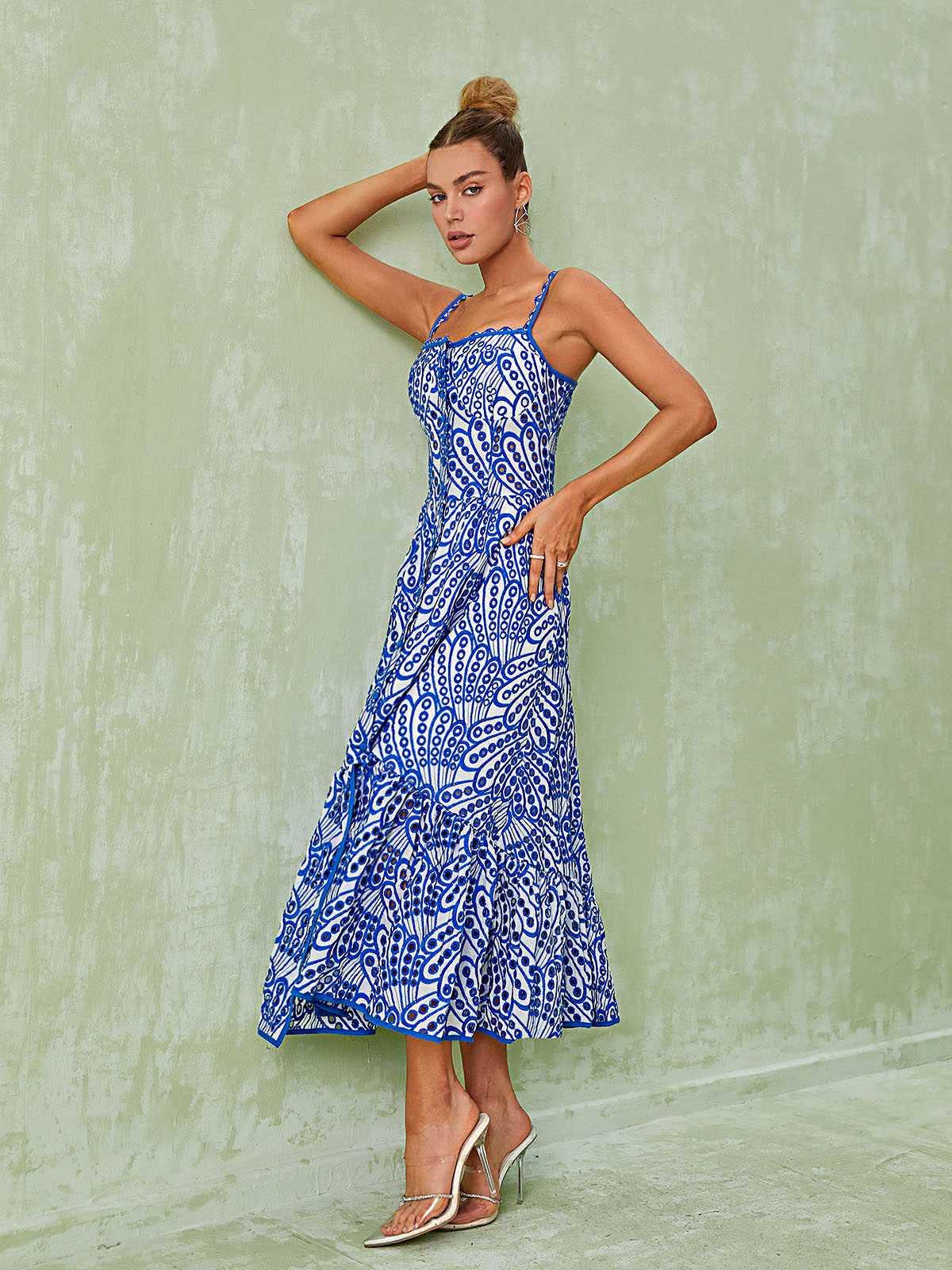 Paisley-Print Square-Neck Tiered Slit Midi Dress 4