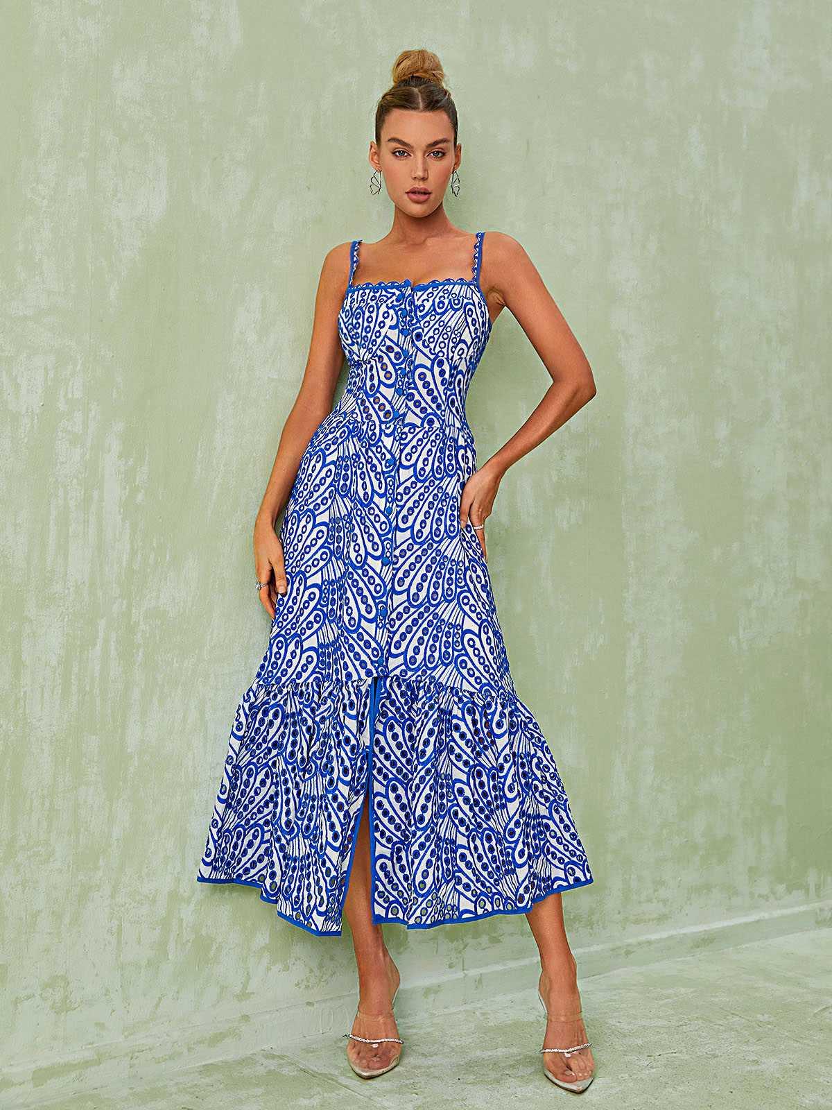 Paisley-Print Square-Neck Tiered Slit Midi Dress