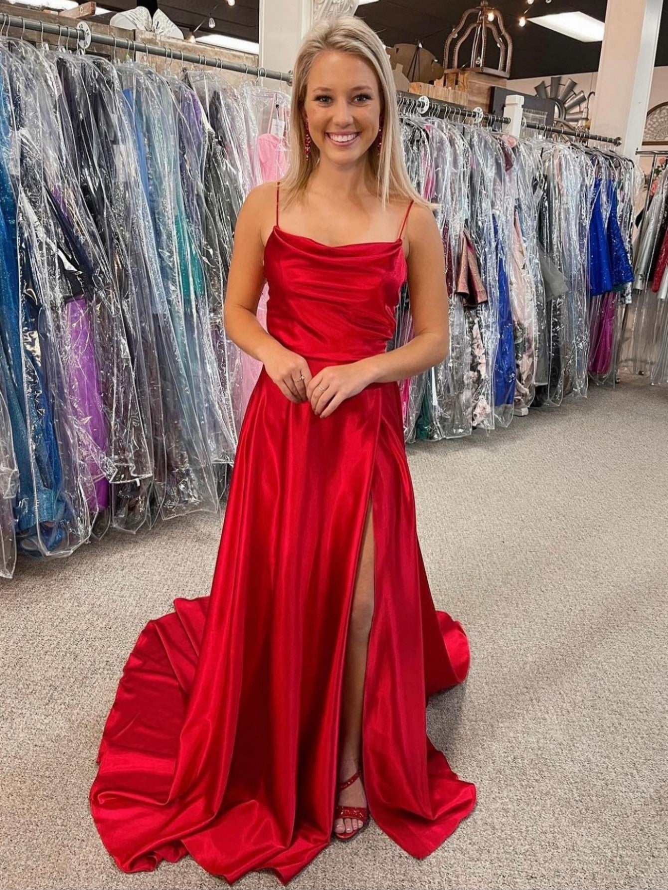 Orange Satin A Line Tight Long Prom Dress With Slit - Fashionpara