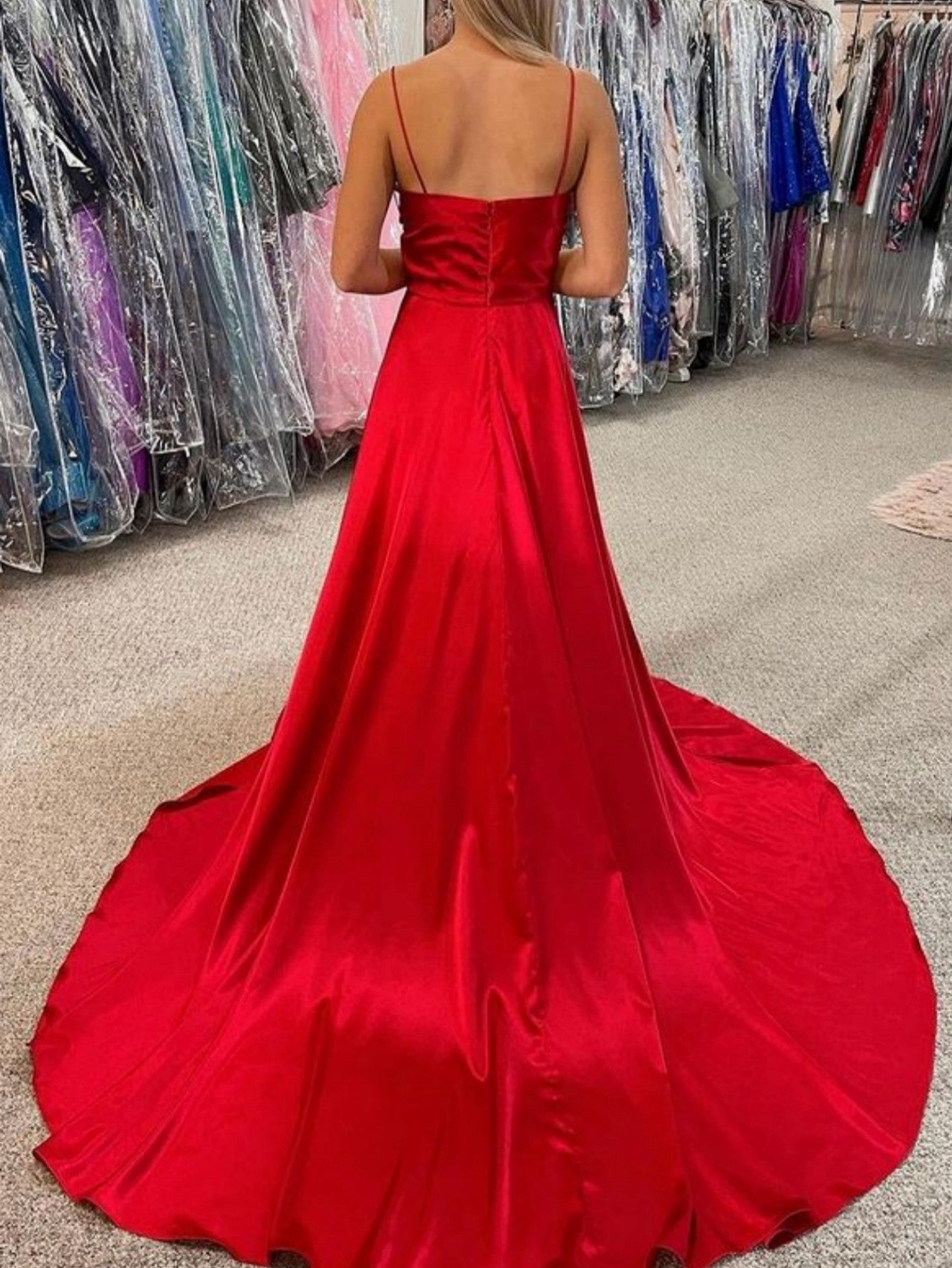 Orange Satin A Line Tight Long Prom Dress With Slit - Fashionpara