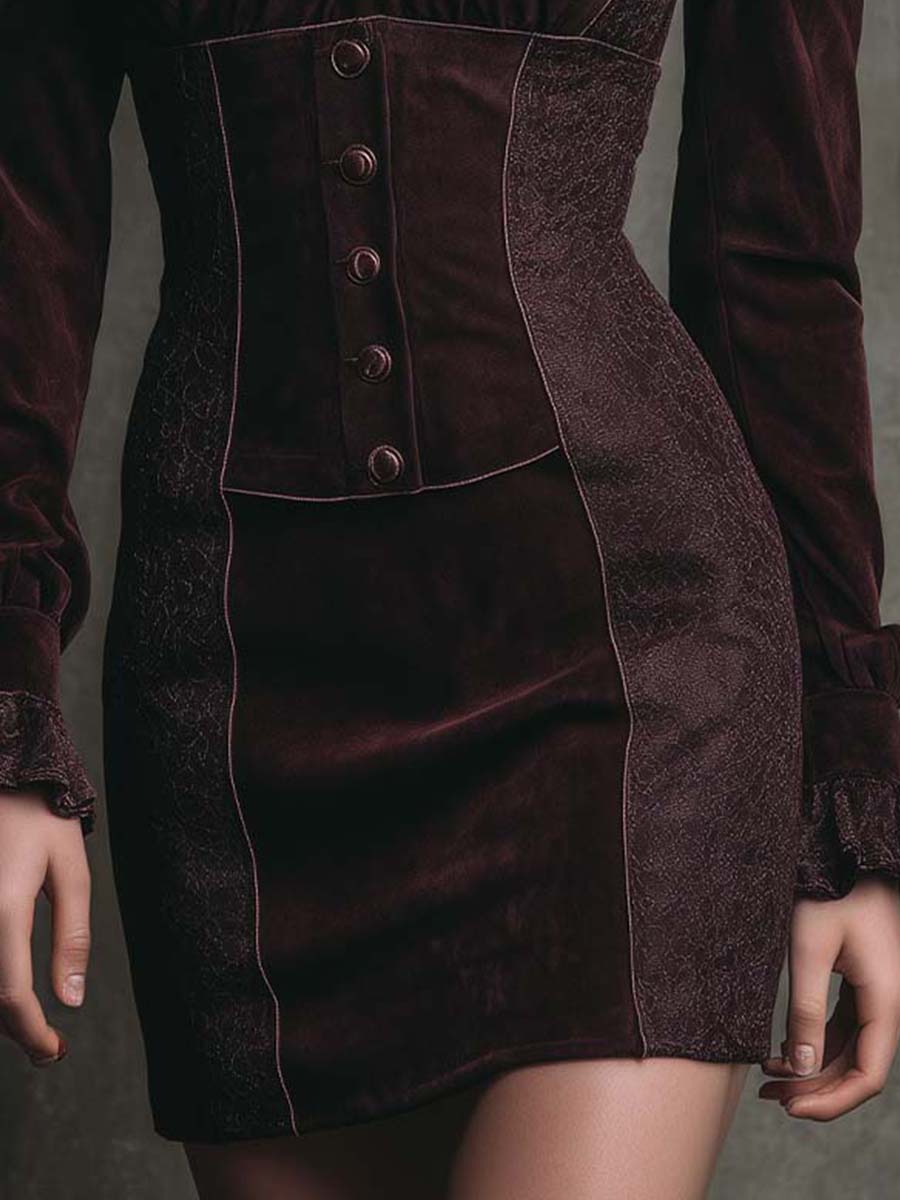 Bordeaux Brown Elvet Corset Mini Dress With Lace Side Panels