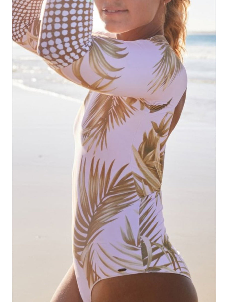 Leaf Printed Patchwork White One-piece Swimsuit - Fashionpara