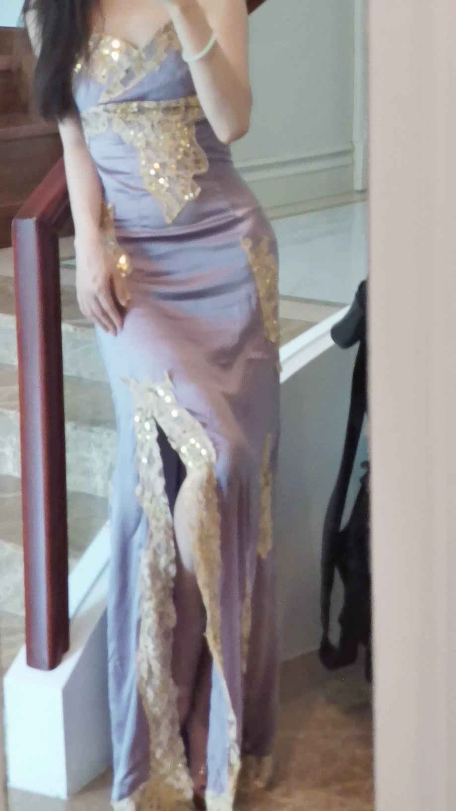 Elegant Satin Long Prom Dress With Split Vintage Evening Dress With Lace Applique - Fashionpara