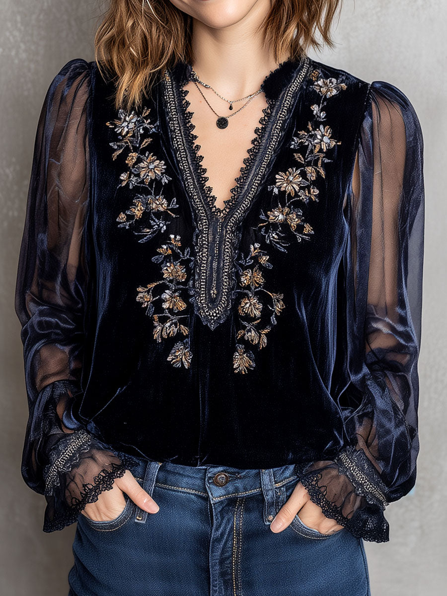 Embroidered Floral Navy Velvet Blouse With Shinning Sheer Sleeves - Fashionpara