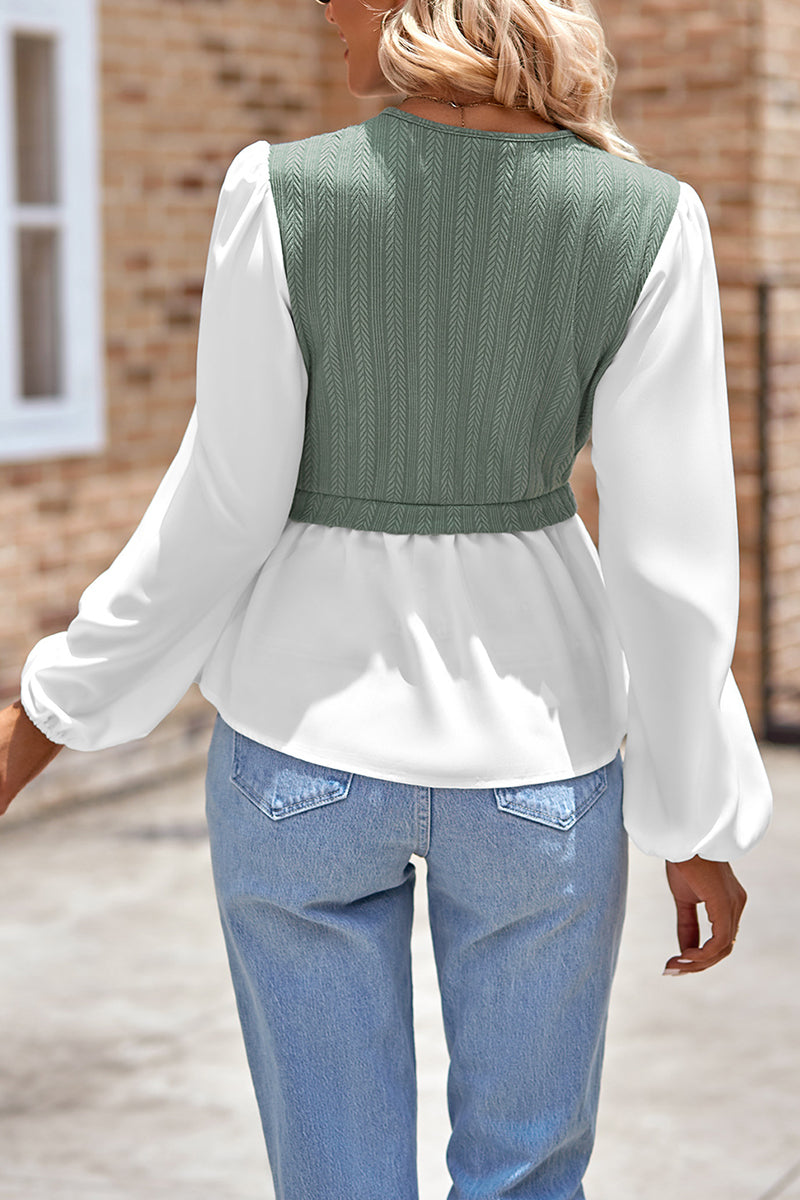 V-neck Patch Work Long-sleeved Top - Fashionpara