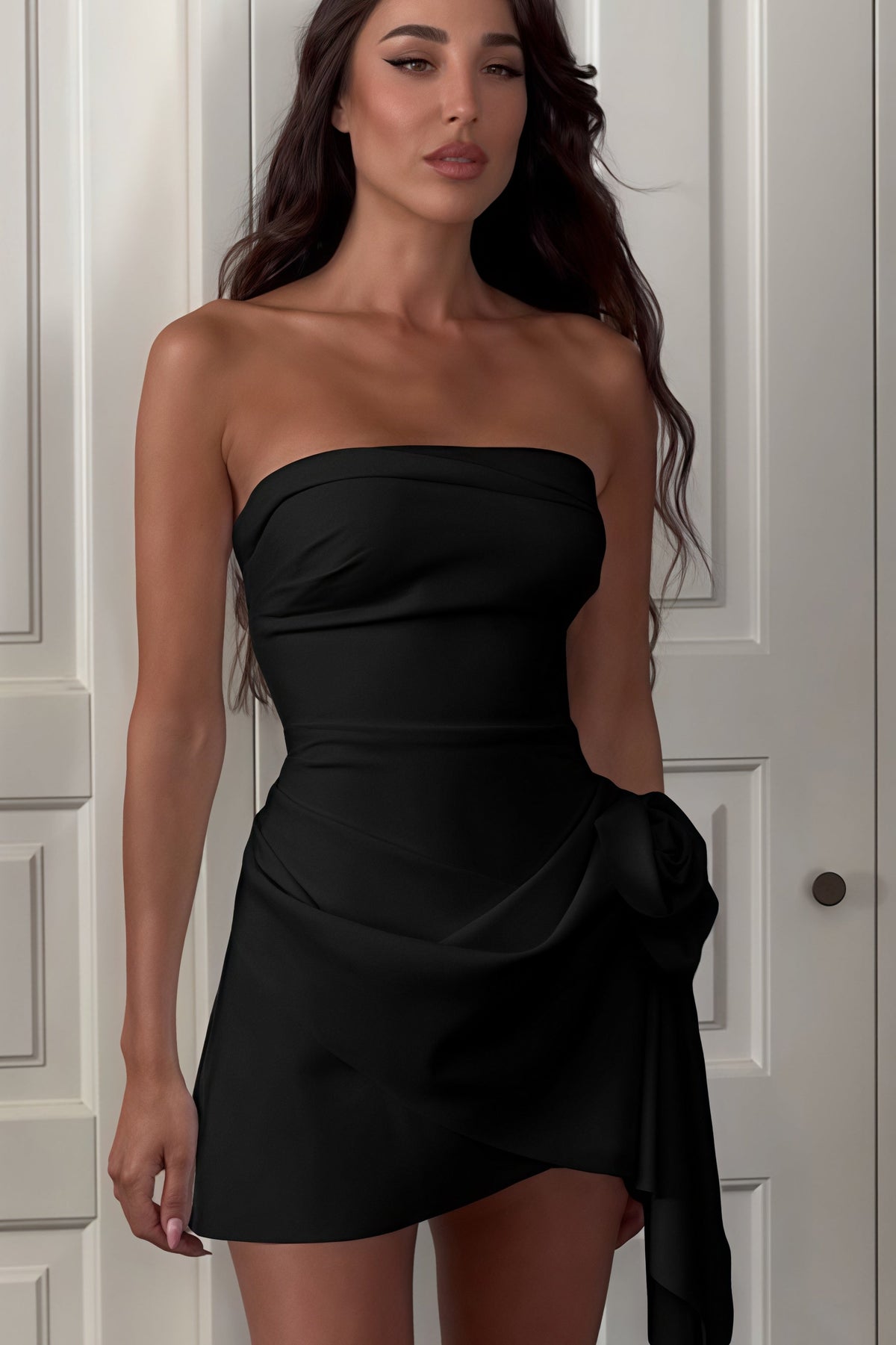 Strapless Rosette Asymmetric Hem Mini Dress 4