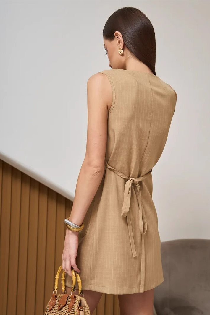 Pinstripe Sleeveless Button-Front Belted Mini Dress