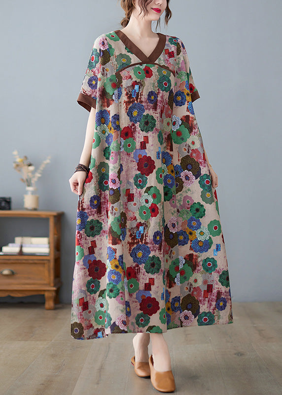 Floral Print V-Neck Contrast Trim Short Sleeve Pocket Maxi Dress - View 2