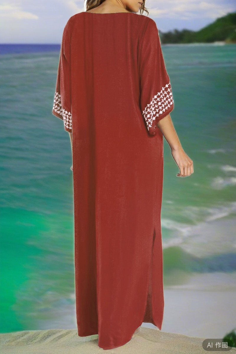 Beach Vacation Embroidered Round Neck Slit Cover Up Dress