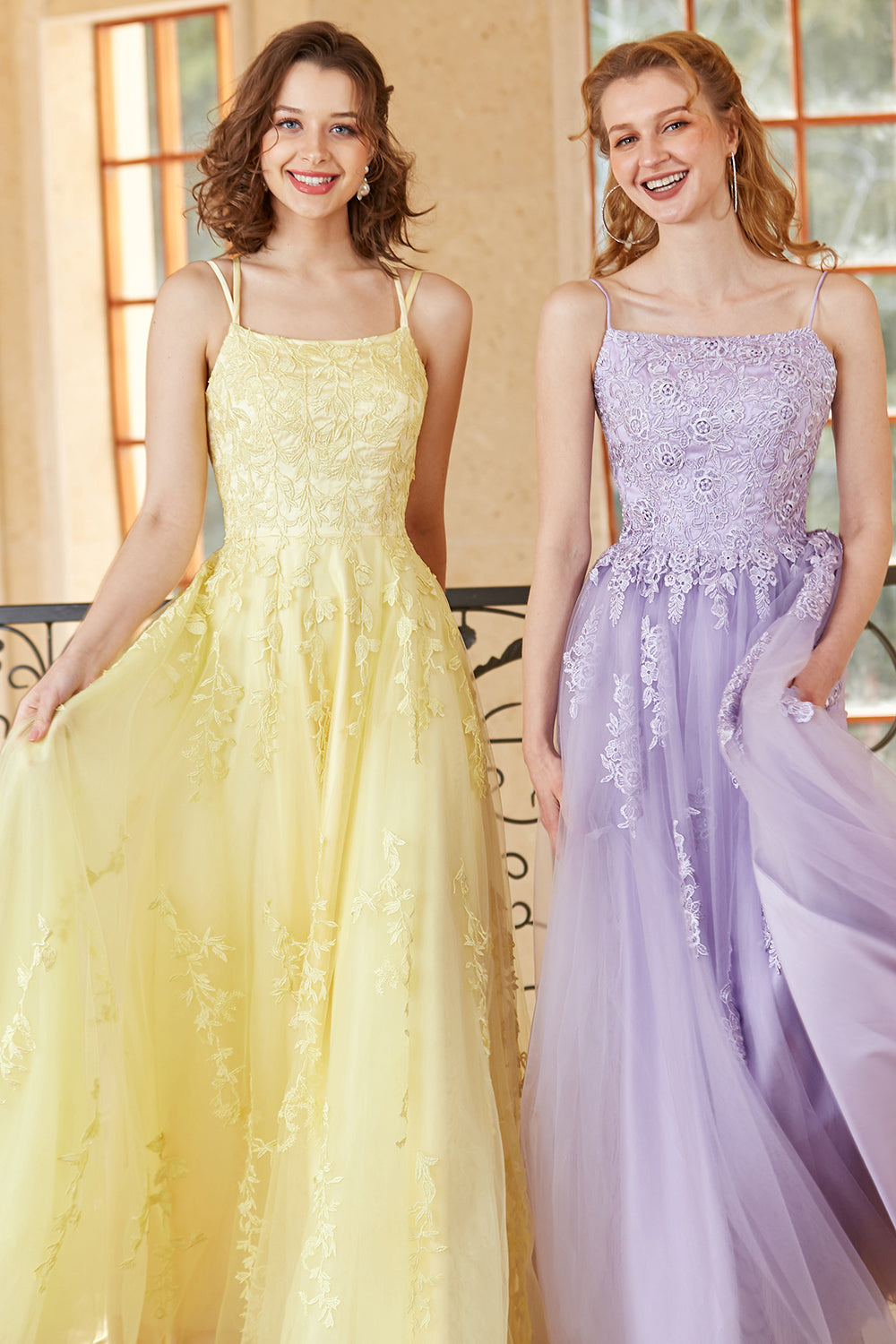 Gorgeous A Line Spaghetti Straps Yellow Long Prom Dress with Appliques - Fashionpara