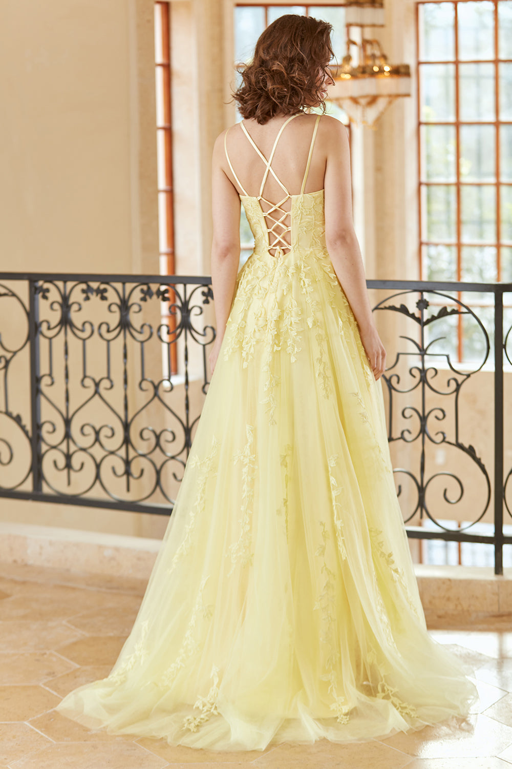 Gorgeous A Line Spaghetti Straps Yellow Long Prom Dress with Appliques - Fashionpara