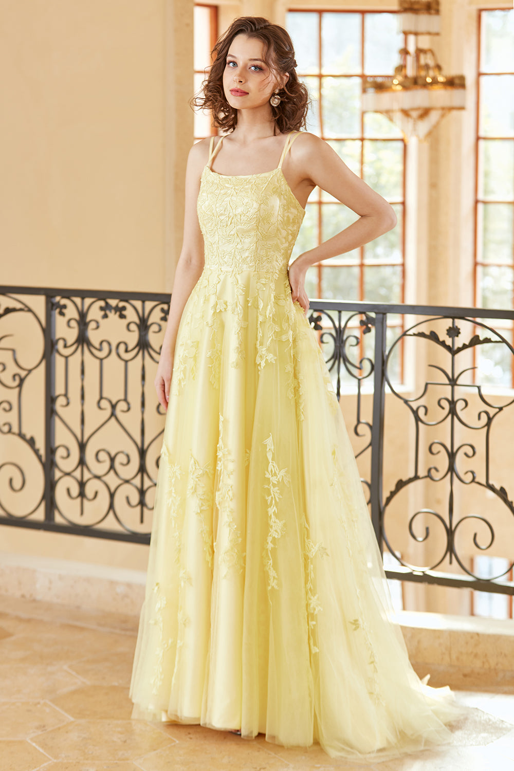 Gorgeous A Line Spaghetti Straps Yellow Long Prom Dress with Appliques - Fashionpara