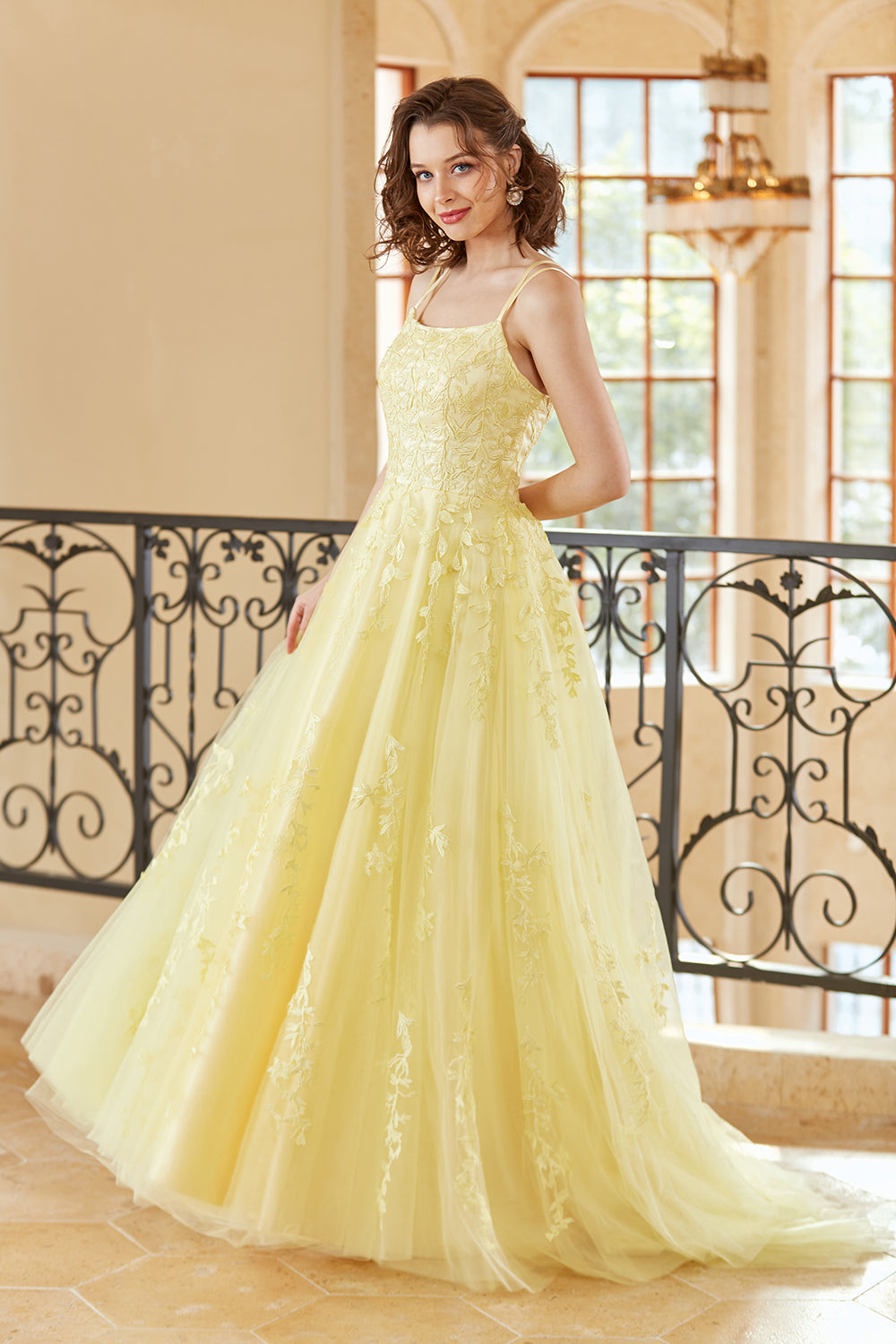 Gorgeous A Line Spaghetti Straps Yellow Long Prom Dress with Appliques - Fashionpara