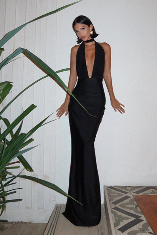 Plunge Halter Neck Ruched High Split Maxi Dress - View 3