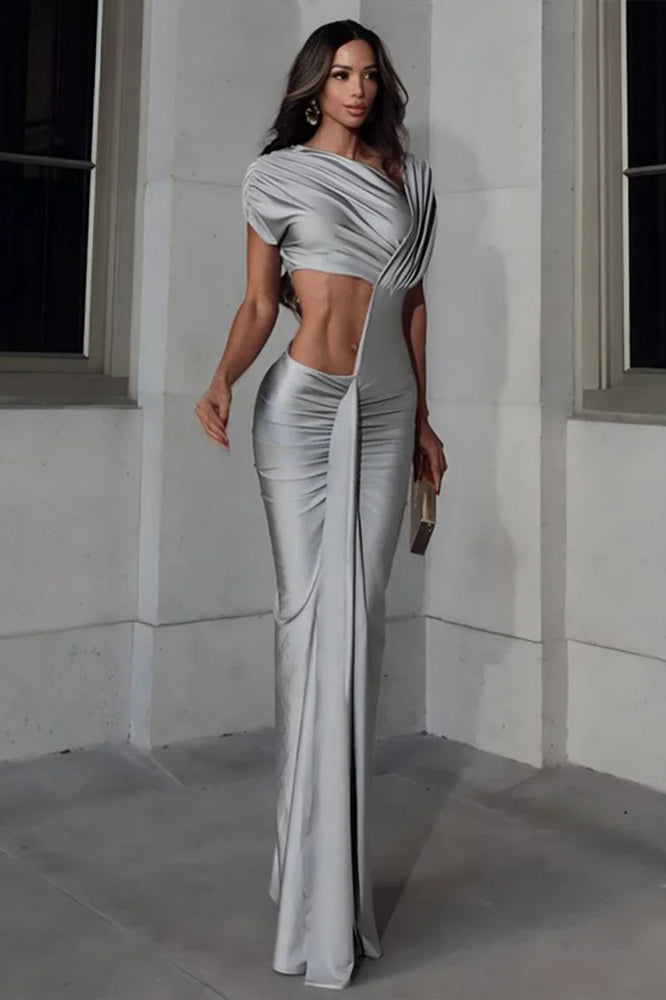 Satin Ruched Cutout One Shoulder Maxi Dress