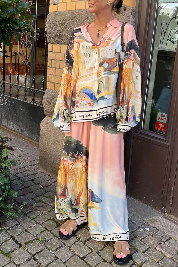 Ellison Unique Print Button Up Long Balloon Sleeve Loose Blouse - Fashionpara