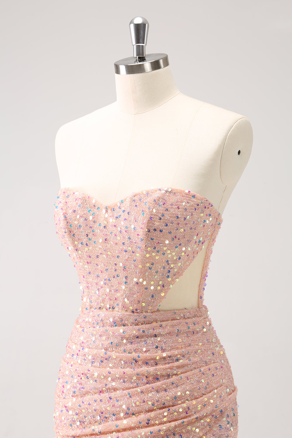 Blush Bodycon Strapless Hollow Out Sequins Ruched Homecoming Dress with Tassel - Fashionpara