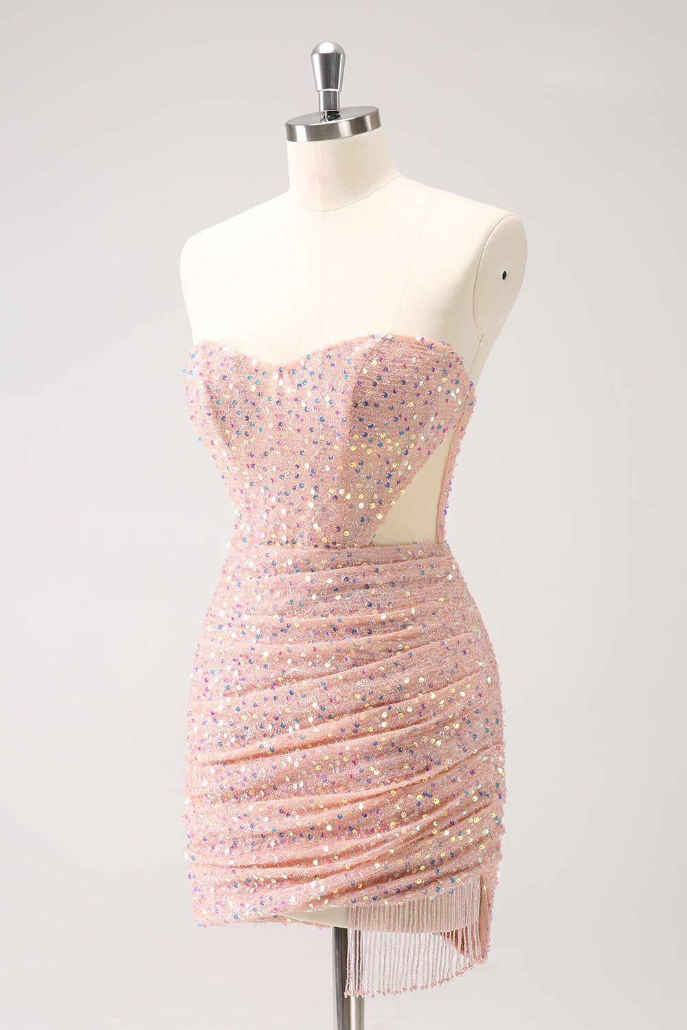 Blush Bodycon Strapless Hollow Out Sequins Ruched Homecoming Dress with Tassel - Fashionpara