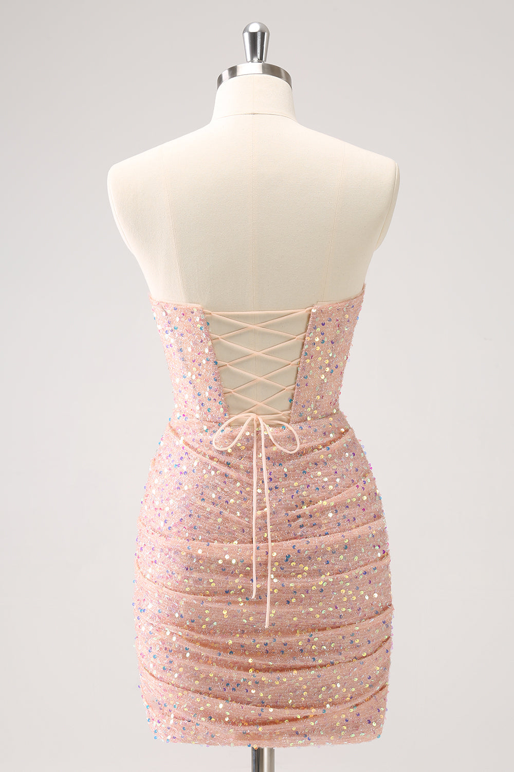 Blush Bodycon Strapless Hollow Out Sequins Ruched Homecoming Dress with Tassel - Fashionpara