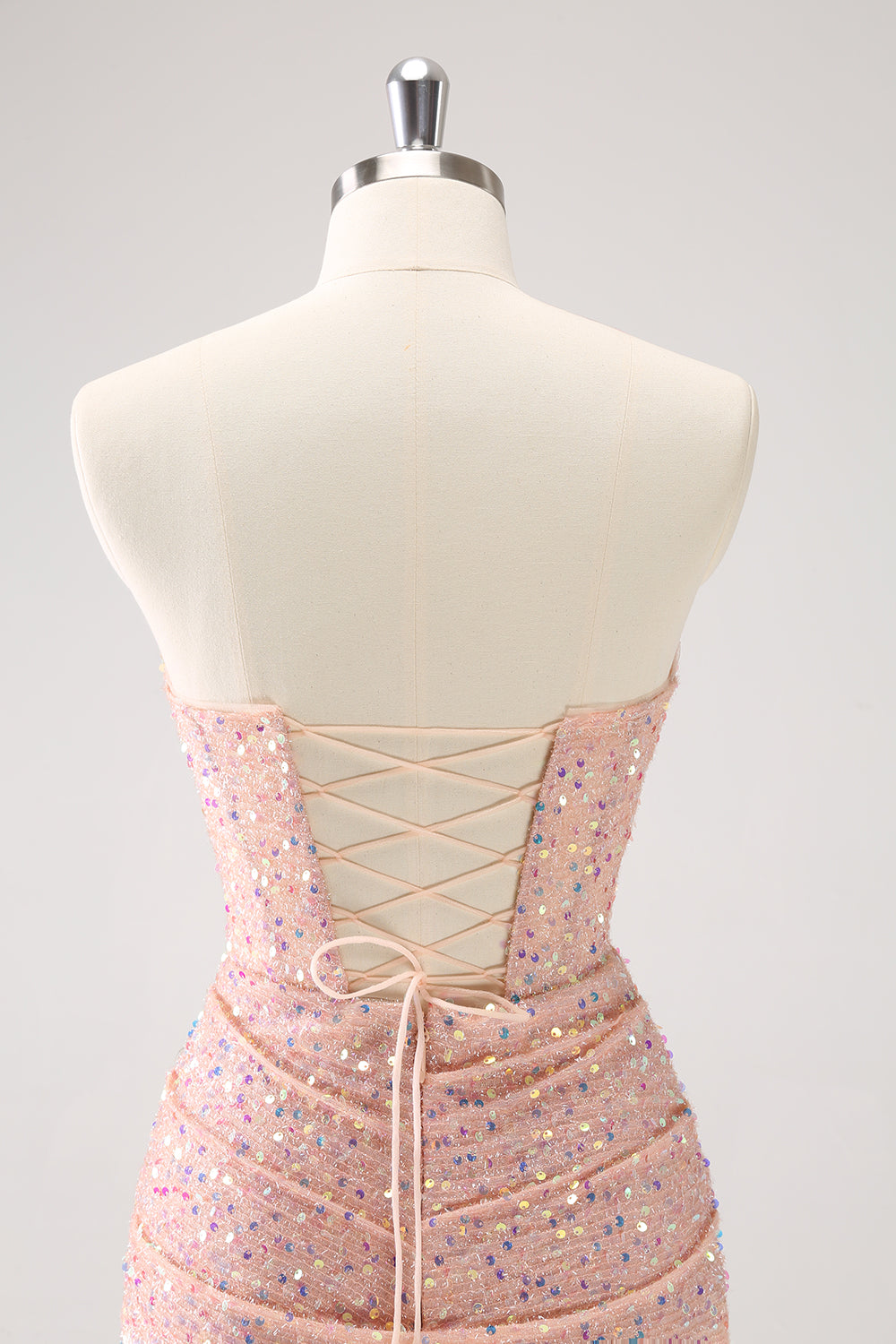 Blush Bodycon Strapless Hollow Out Sequins Ruched Homecoming Dress with Tassel - Fashionpara